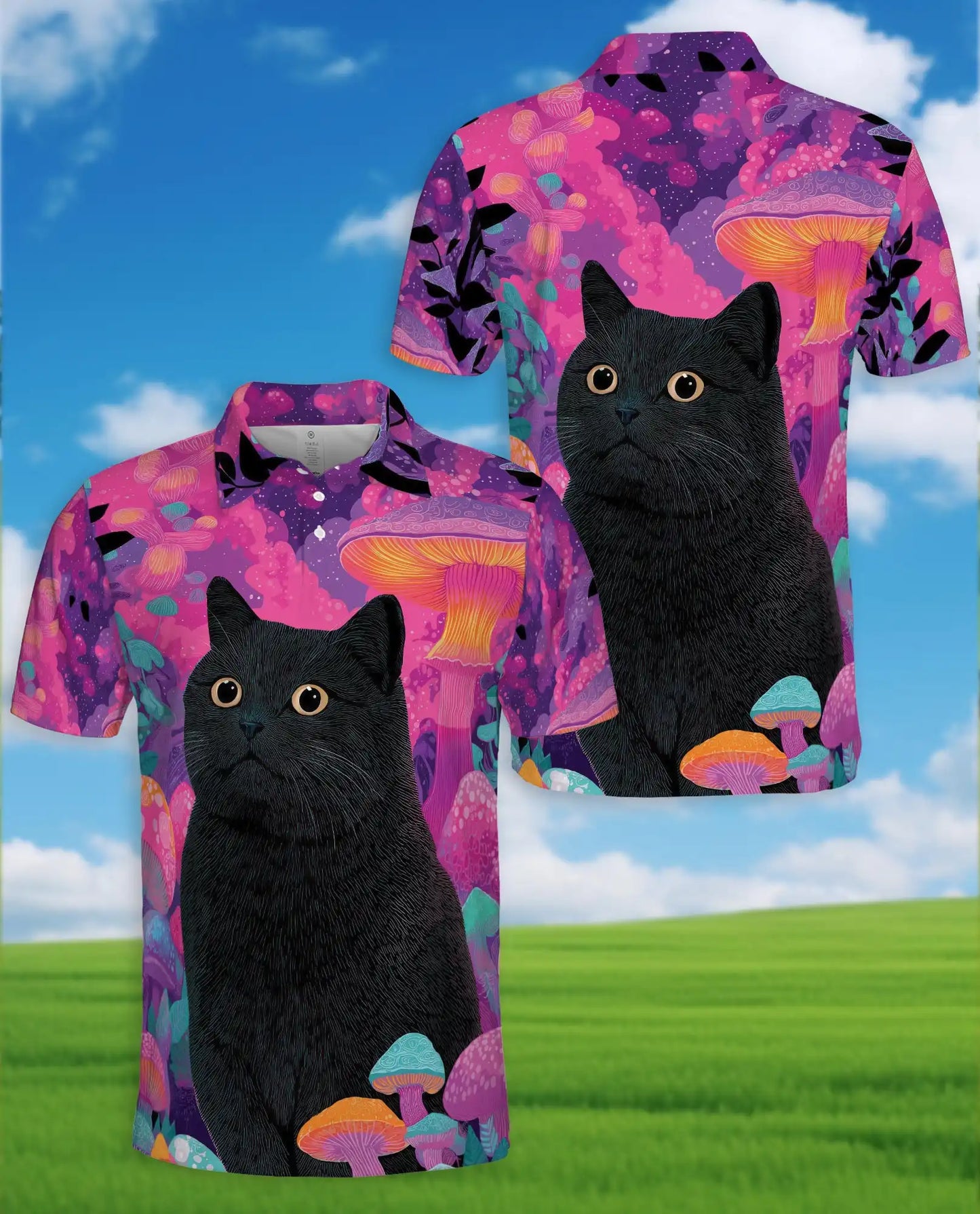 Black Cat Fantasy Mushroom Polo Shirt for Men- Print Magical Forest | Netecom