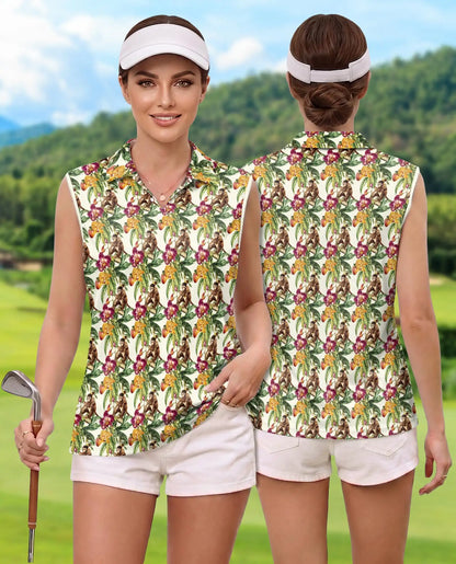 Tropical Monkey Sleeveless Polo Shirt for Women – Cute Jungle Animal Style | Netecom