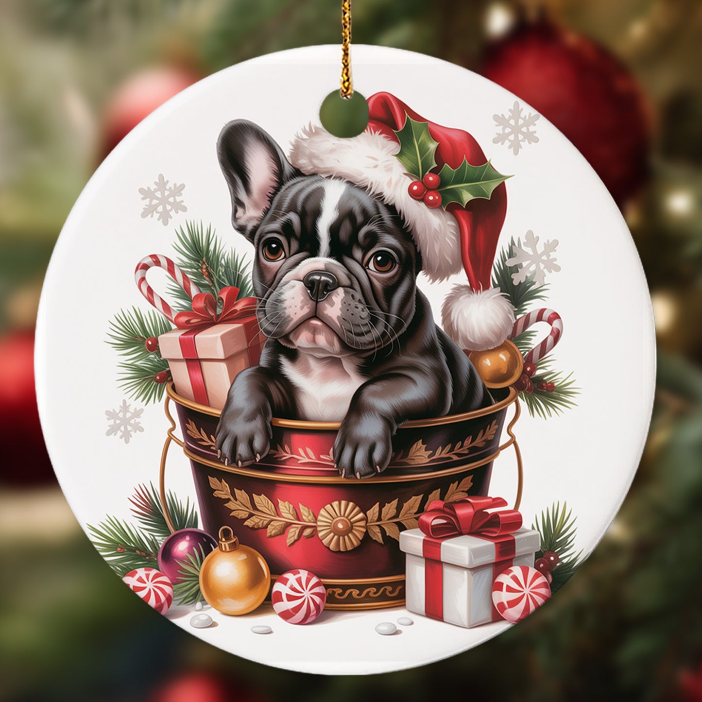 Netecom Funny French Bulldog in Bucket Ornament, Dog with Santa Hat Ceramic Ornament for Christmas Tree Hanging Decorations Gift, Puppy Lover Gifts, Home Decor, Holiday Party Present