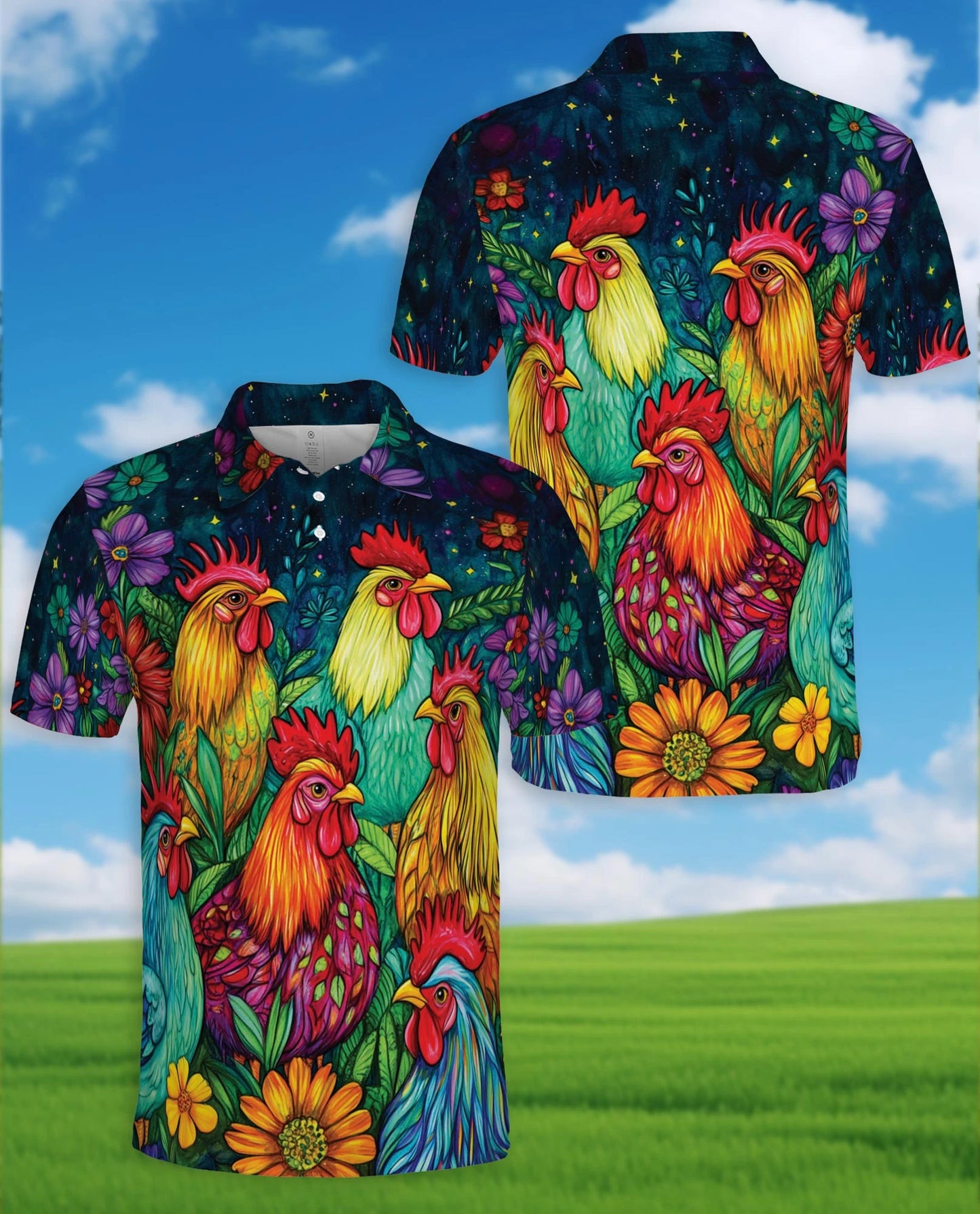 Vibrant Neon Rooster Polo Shirt for Men – Fantasy Art Style | Netecom