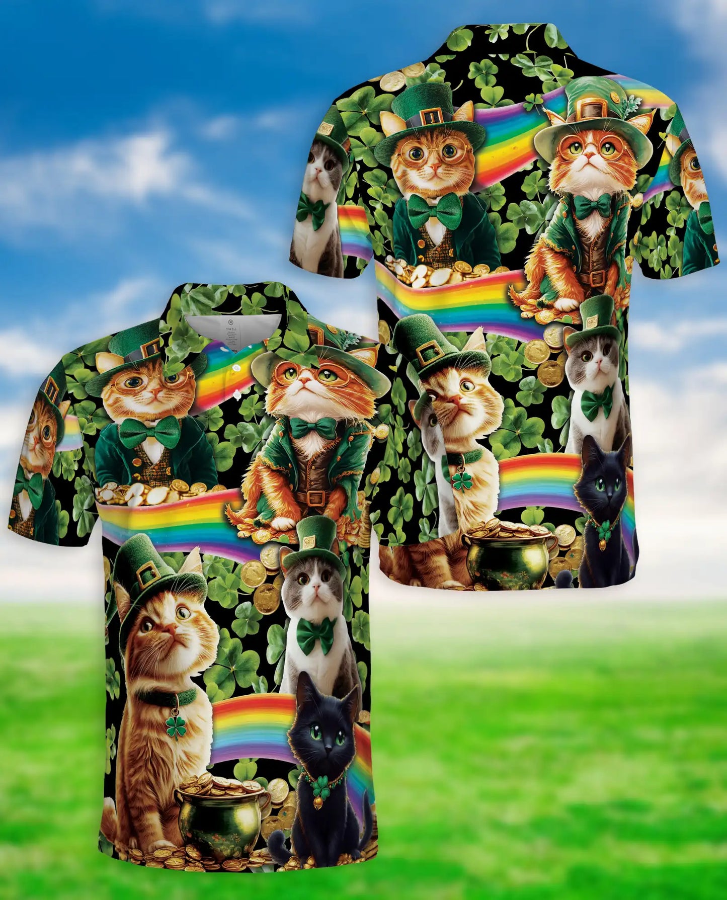 Lucky Cat St Patrick’s Day 3D Polo Shirt for Men – Irish Rainbow Style | Netecom
