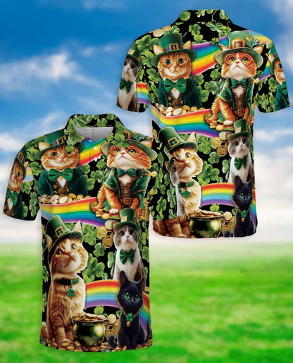 Lucky Cat St Patrick’s Day 3D Polo Shirt for Men – Irish Rainbow Style | Netecom