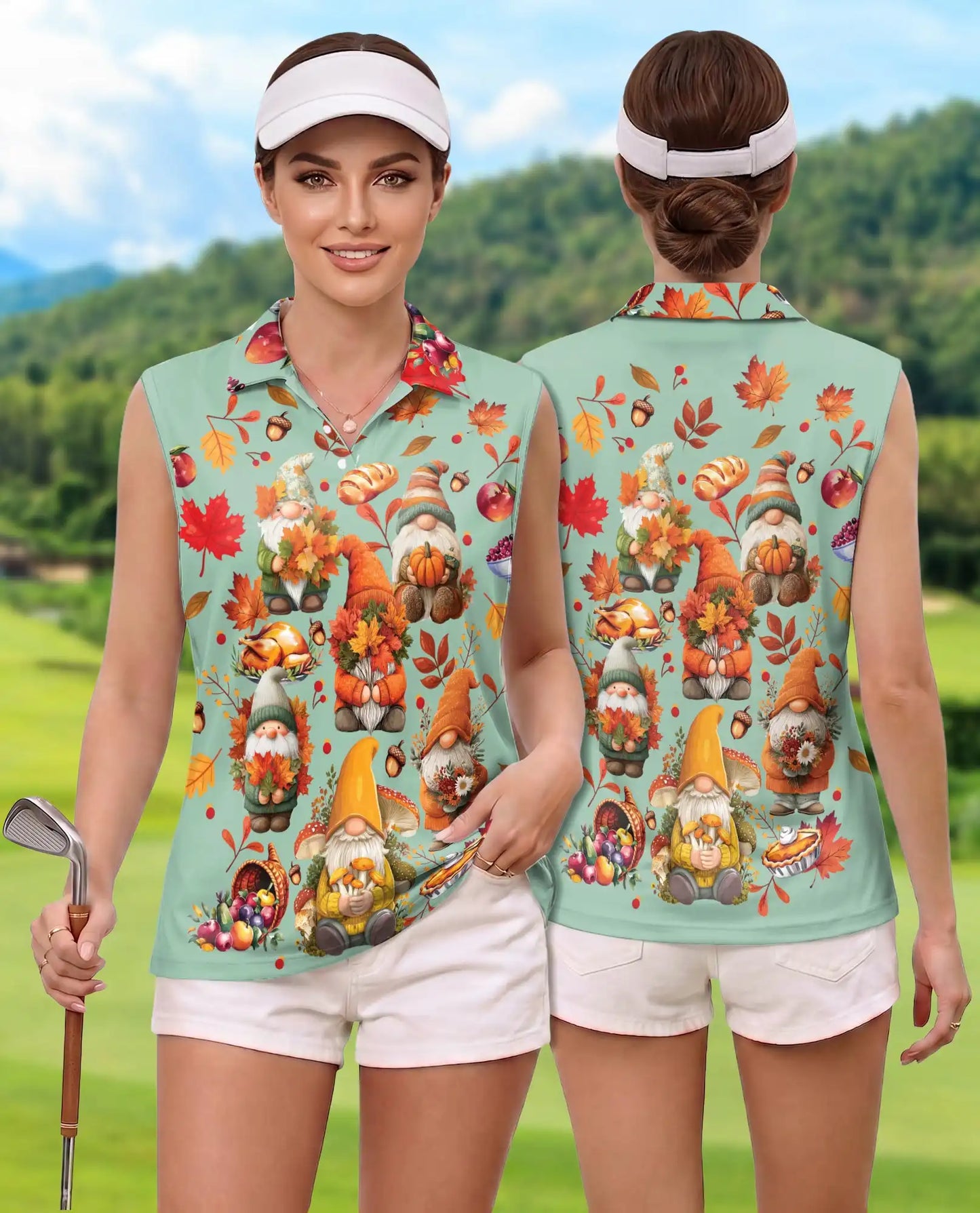 Autumn Harvest Gnomes Sleeveless Polo Shirt for Women | Netecom