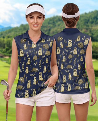 Raccoon Pattern Sleeveless Polo Shirt for Women – Cute Wildlife Style | Netecom