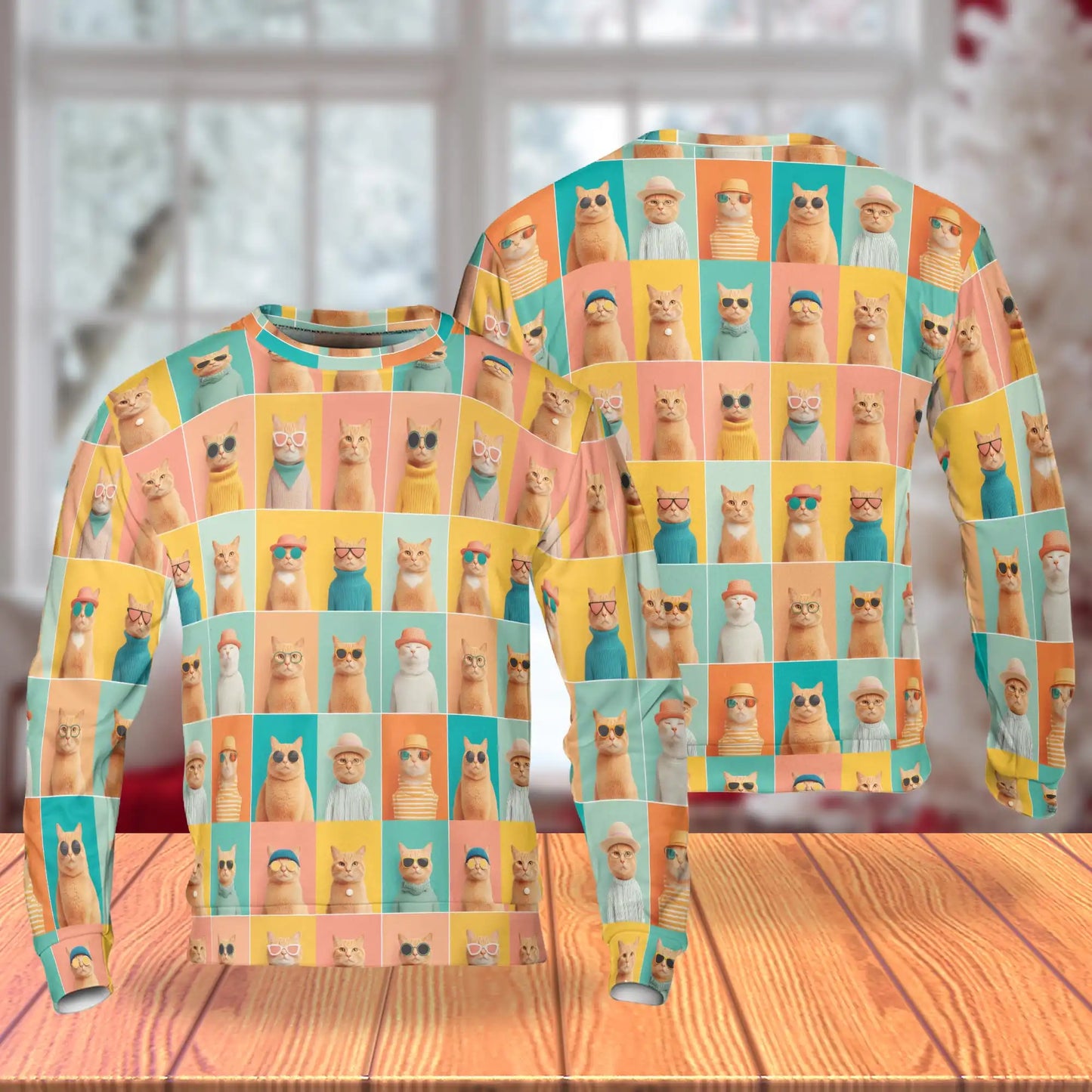 Colorful Cat Pattern Sweatshirt, 3D All Over Print Cute Feline Crewneck Pullover for Men Women, Cat Lover Gift - Netecom
