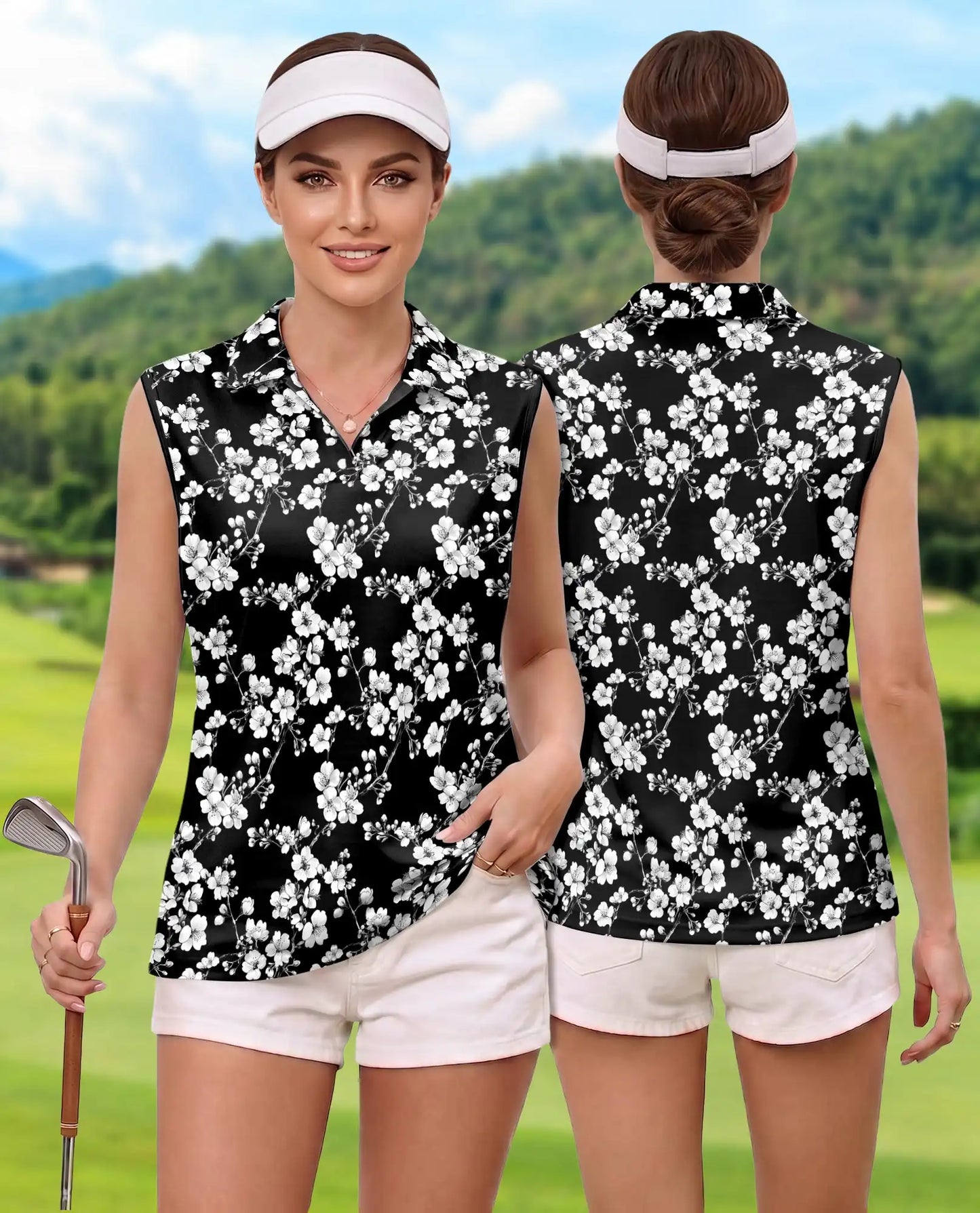 Monochrome Floral Sleeveless Polo Shirt for Women | Netecom
