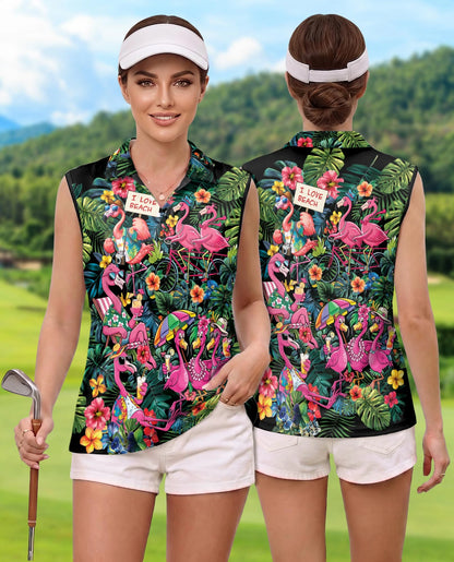 Aloha Flamingo 3D Tropical Sleeveless Polo Shirt for Women | Netecom