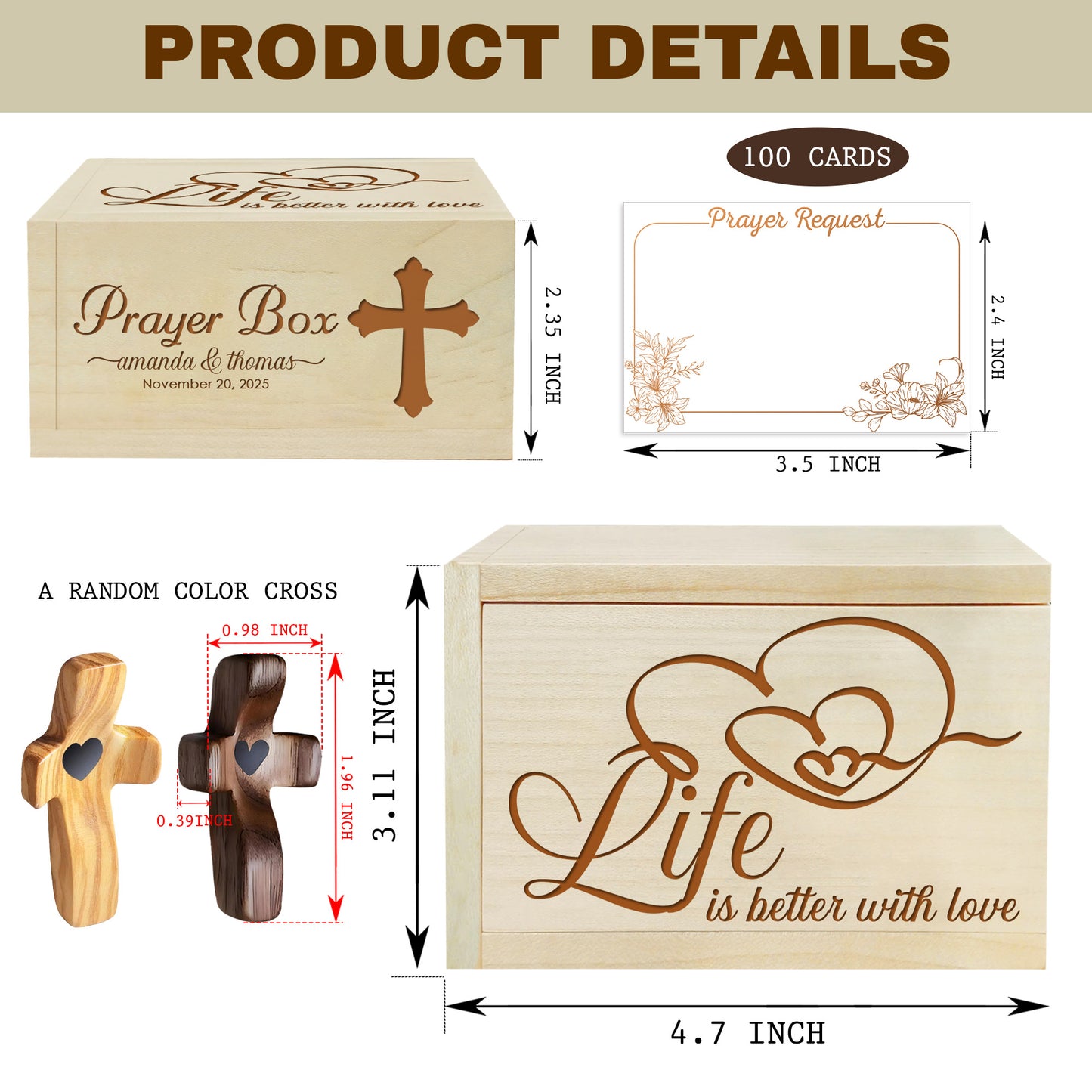 Netecom Couple Prayer Box Love Gift with 100 Prayer Request Cards & Wooden Cross – Personalized Christian Prayer Box for Valentine’s Day