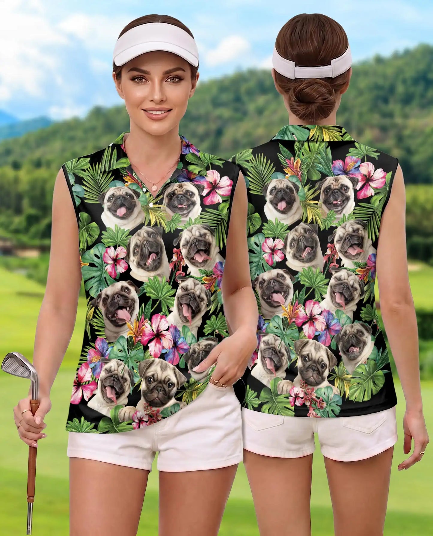 Tropical Pug Sleeveless Polo Shirt for Women – Cute Dog Summer Style | Netecom