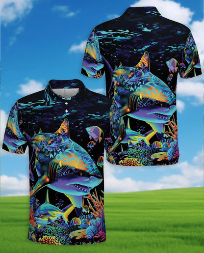 Tropical Sharks Polo Shirt for Men – Colorful Ocean Fish Design | Netecom