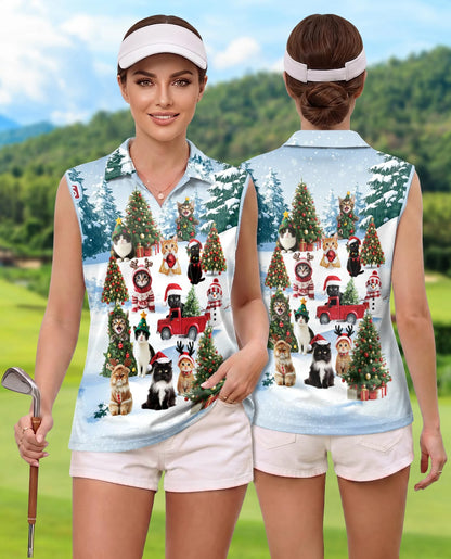 Cat Christmas Santa Sleeveless Polo Shirt for Women | Netecom