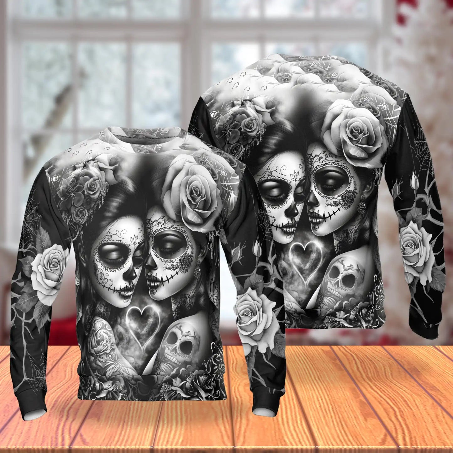 Lesbian Skull Couple Sweatshirt, 3D All Over Print Gothic Love Crewneck Pullover for Men Women, LGBTQ Pride Gift - Netecom