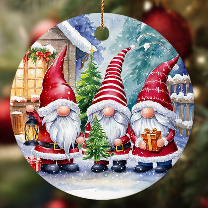 Netecom Funny Christmas Gnomes Ornament, Three Santa Gnomes in Snowy Winter Scene Ceramic Ornament for Christmas Tree Hanging Decorations Gift, Gnome Lover Gifts, Holiday Party Present