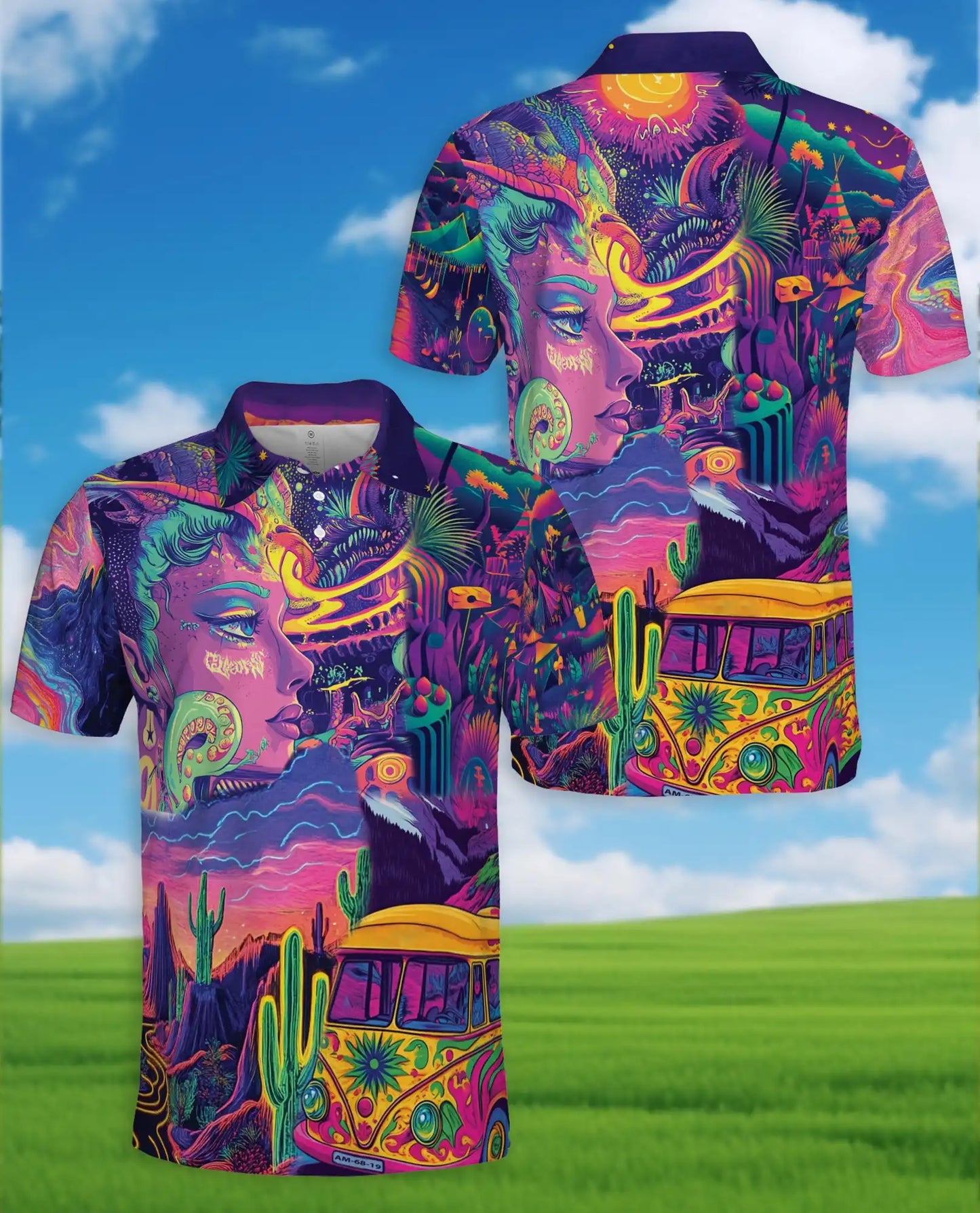 Psychedelic Desert Polo Shirt - Retro Festival Art Style | Netecom