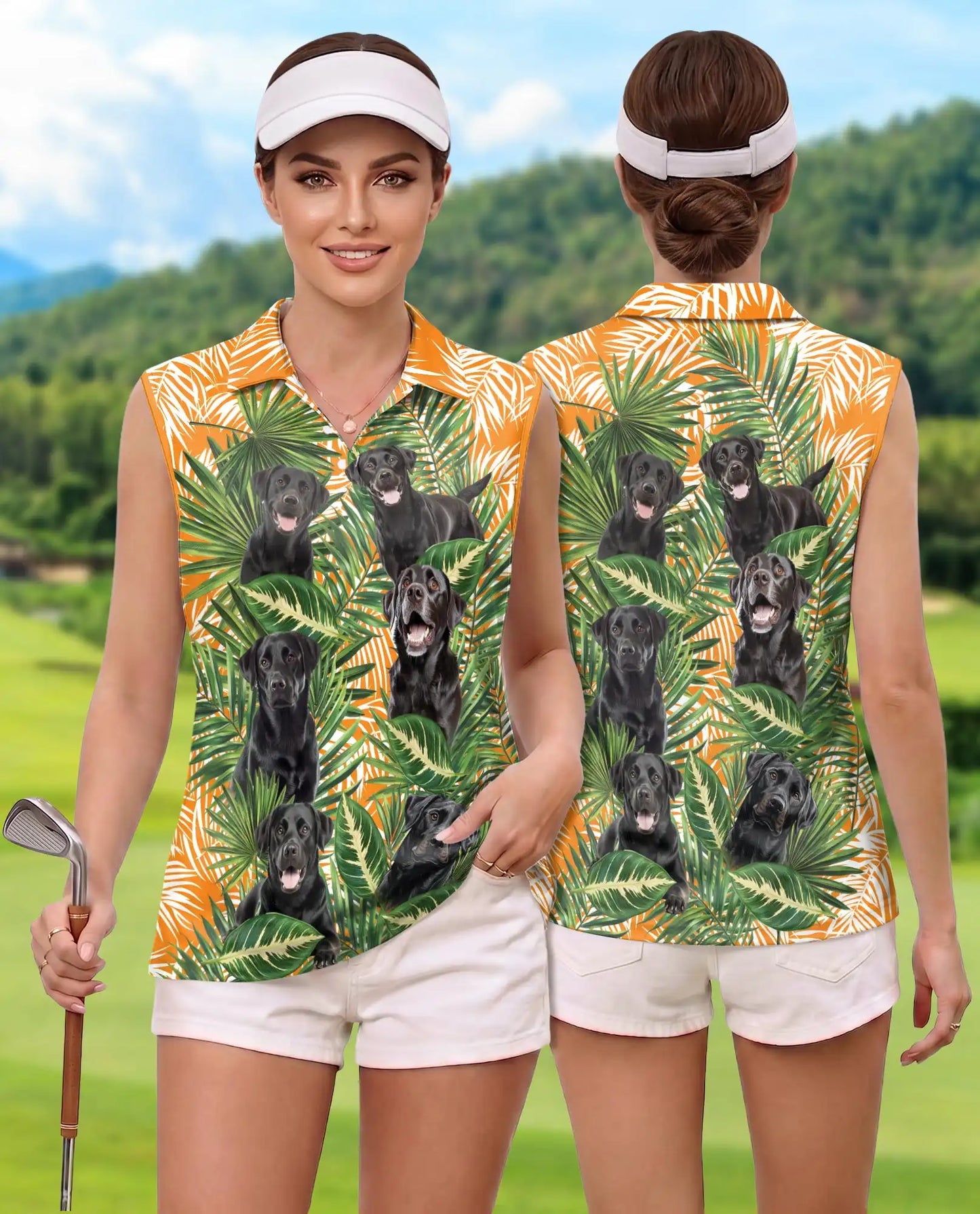 Black Labrador Tropical Sleeveless Polo Shirt for Women – Cute Dog Summer Style | Netecom