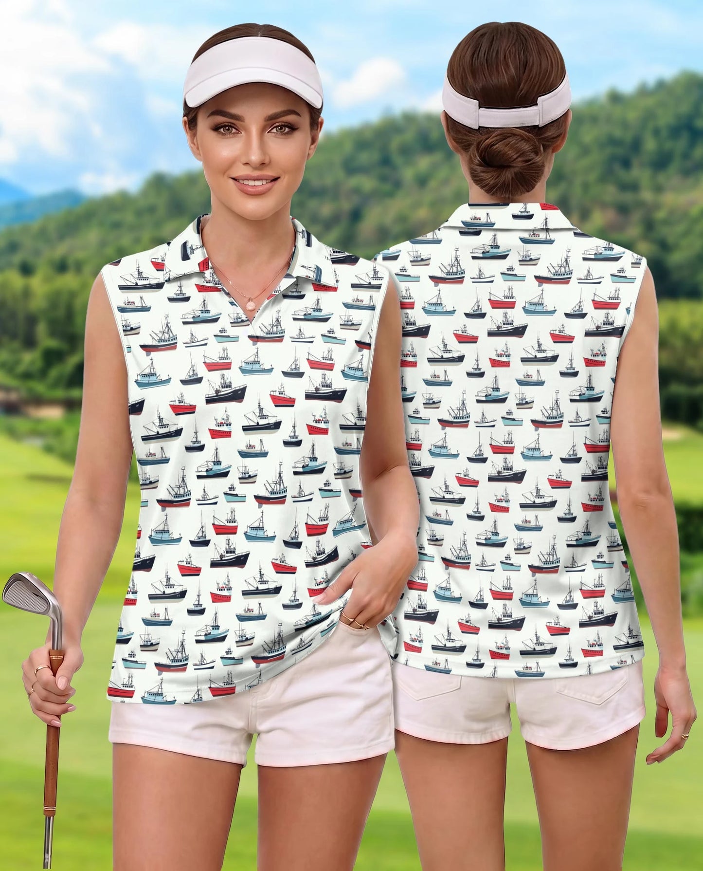 Fishing Boat Sleeveless Polo Shirt for Women | Netecom