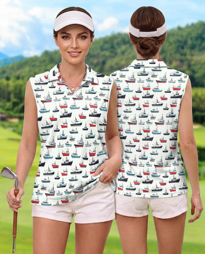 Fishing Boat Sleeveless Polo Shirt for Women | Netecom