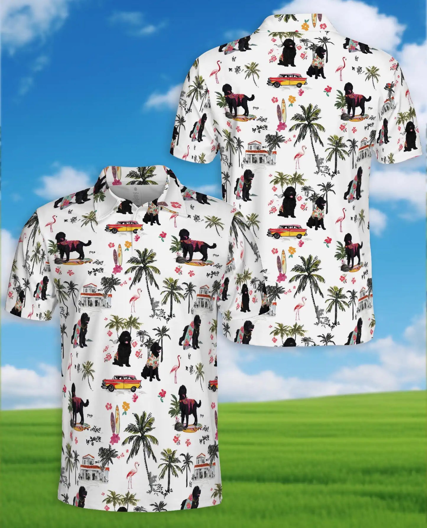 Black Poodle Tropical Beach Polo Shirt for Men- Print Hawaiian Dog  | Netecom