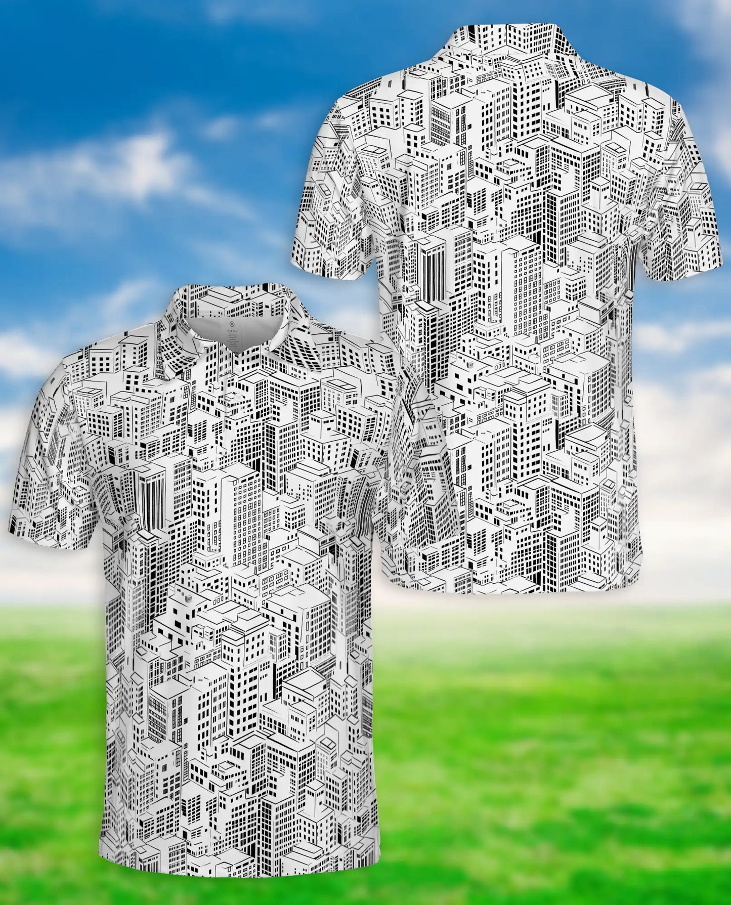 Black & White Cityscape Polo Shirt – Urban Skyline Pattern | Netecom