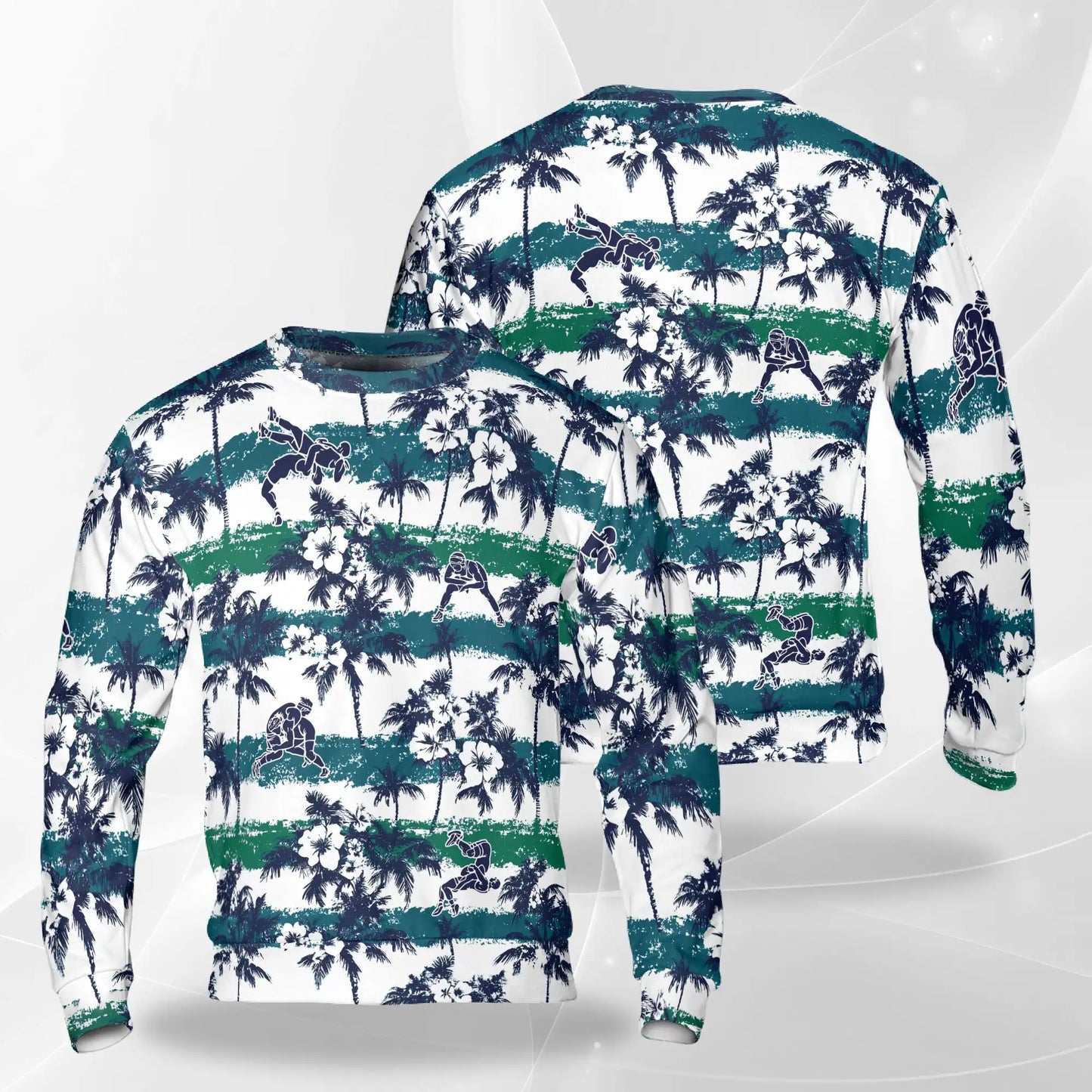 Wrestling Palm Tree Sweatshirt, 3D All Over Print White Tropical Wrestling Crewneck Pullover for Men Women, Wrestler Gift - Netecom