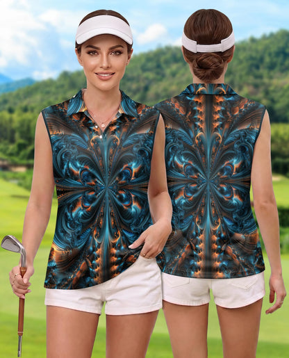 Fractal Art Pattern Sleeveless Polo Shirt for Women | Netecom