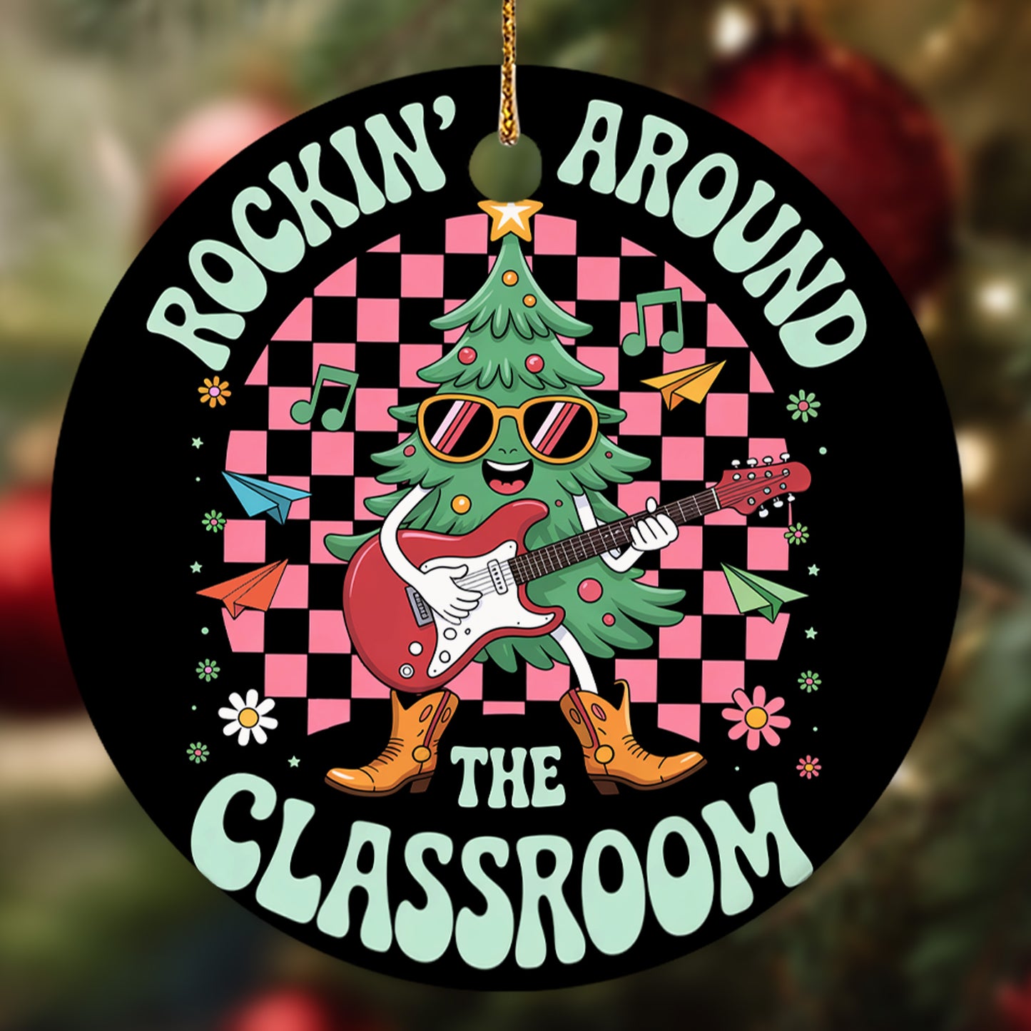 Netecom Funny Christmas Rock Ornament, Rockin' Around The Classroom Ceramic Ornament for Xmas Tree Hanging Decorations Gift, Gifts for Guitar Player Music Enthusiasts, Holiday Party Present