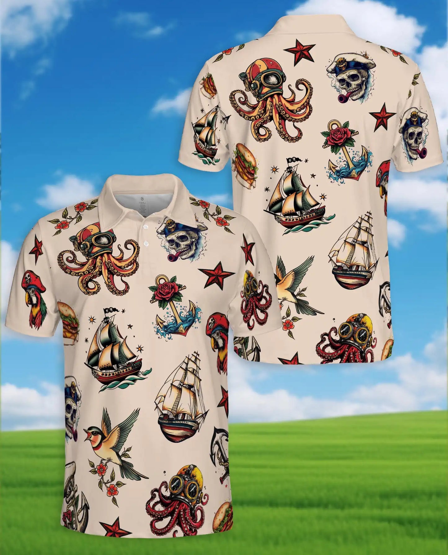 Pirate Tattoo Polo Shirt - Nautical Skull Octopus Sailor Design | Netecom