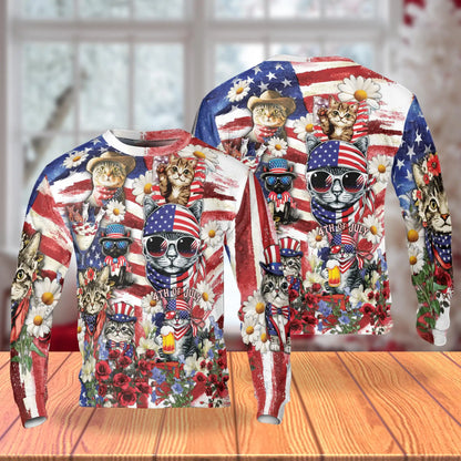 Independence Day Cute Kittens Sweatshirt, 3D All Over Print Patriotic Cat Crewneck Pullover for Men Women, 4th of July Gift - Netecom