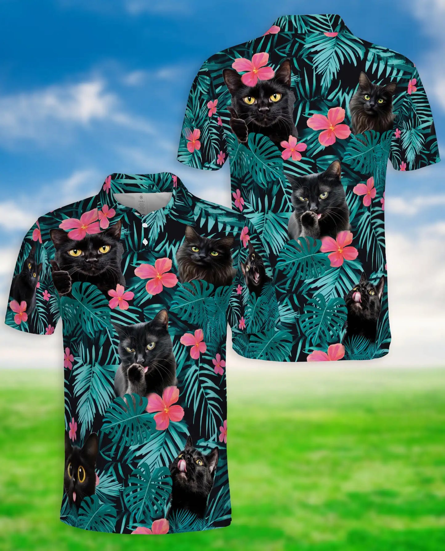 Black Cat Tropical 3D Polo Shirt for Men – Funny Floral Kitty Style | Netecom