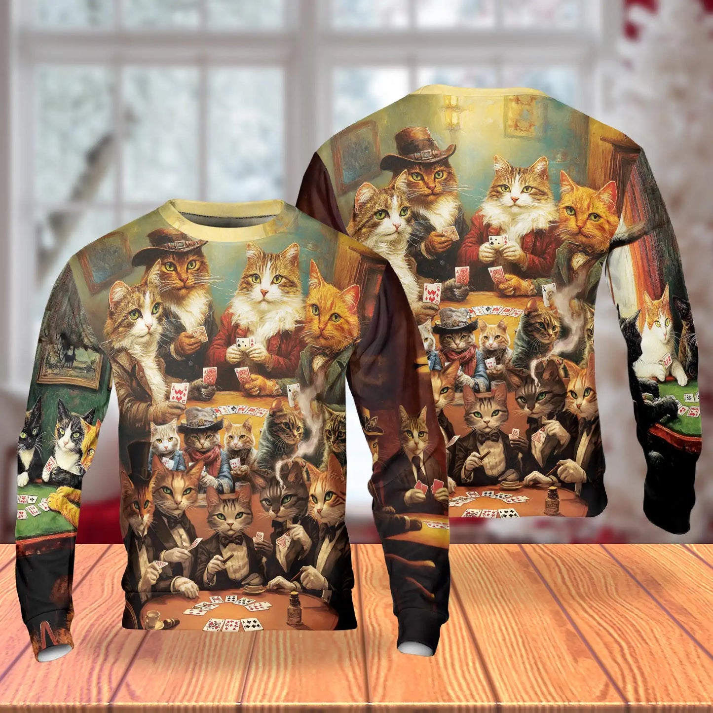 Cats Playing Poker Sweatshirt, 3D All Over Print Funny Cat Card Game Crewneck Pullover for Men Women, Cat Lover Gift - Netecom
