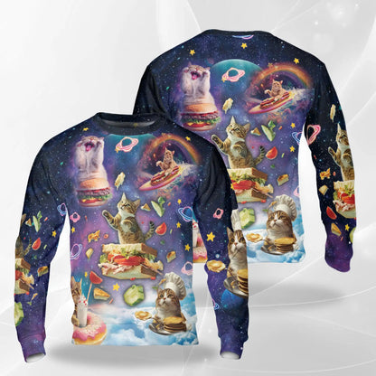 Space Cats Eating Food Sweatshirt, 3D All Over Print Funny Cat Galaxy Crewneck Pullover for Men Women, Cat Lover Gift - Netecom