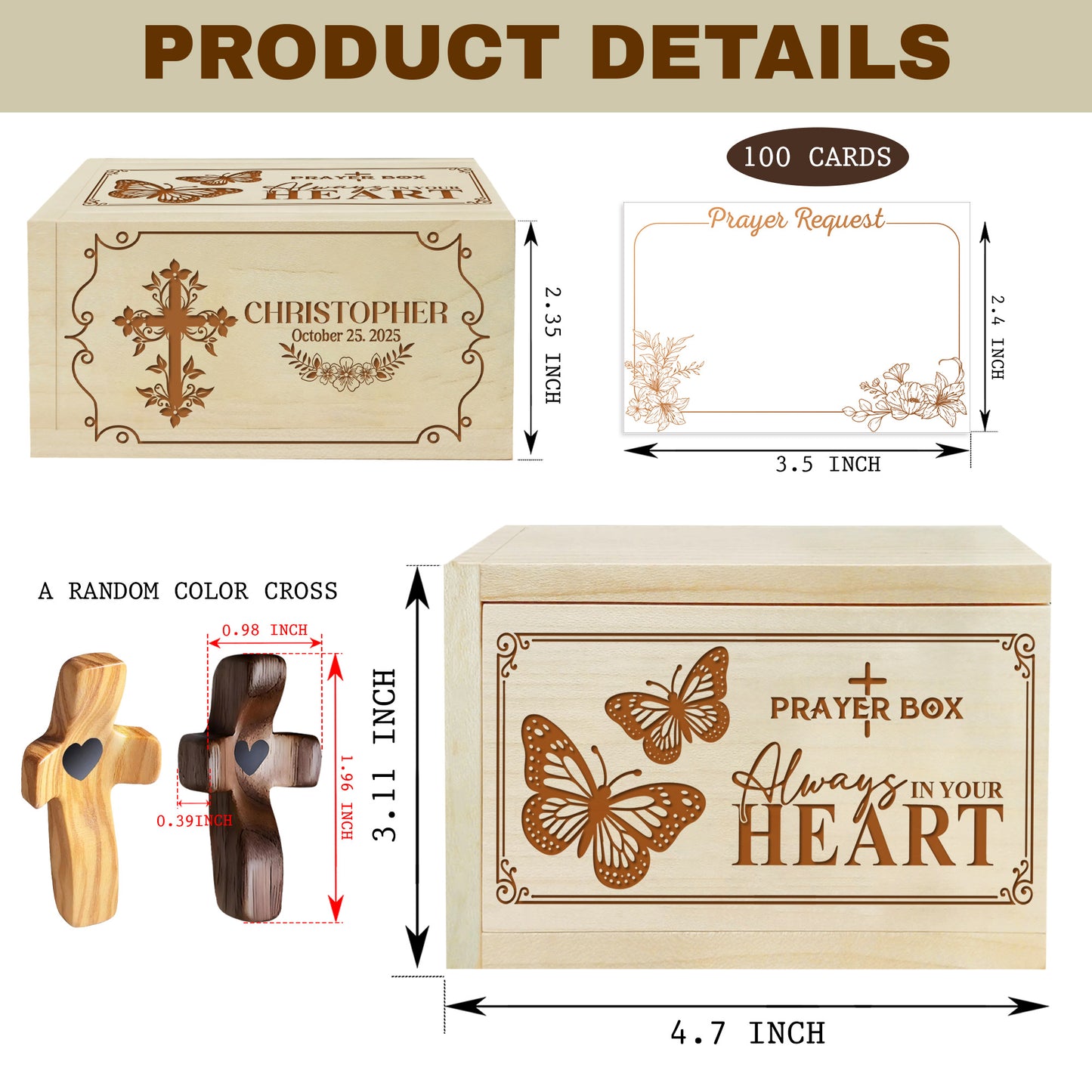 Netecom Personalized Memorial Prayer Box with Custom Name & Date, Wooden Remembrance Box with Cross and 100 Prayer Request Cards, Sympathy Christian Keepsake for Loved One