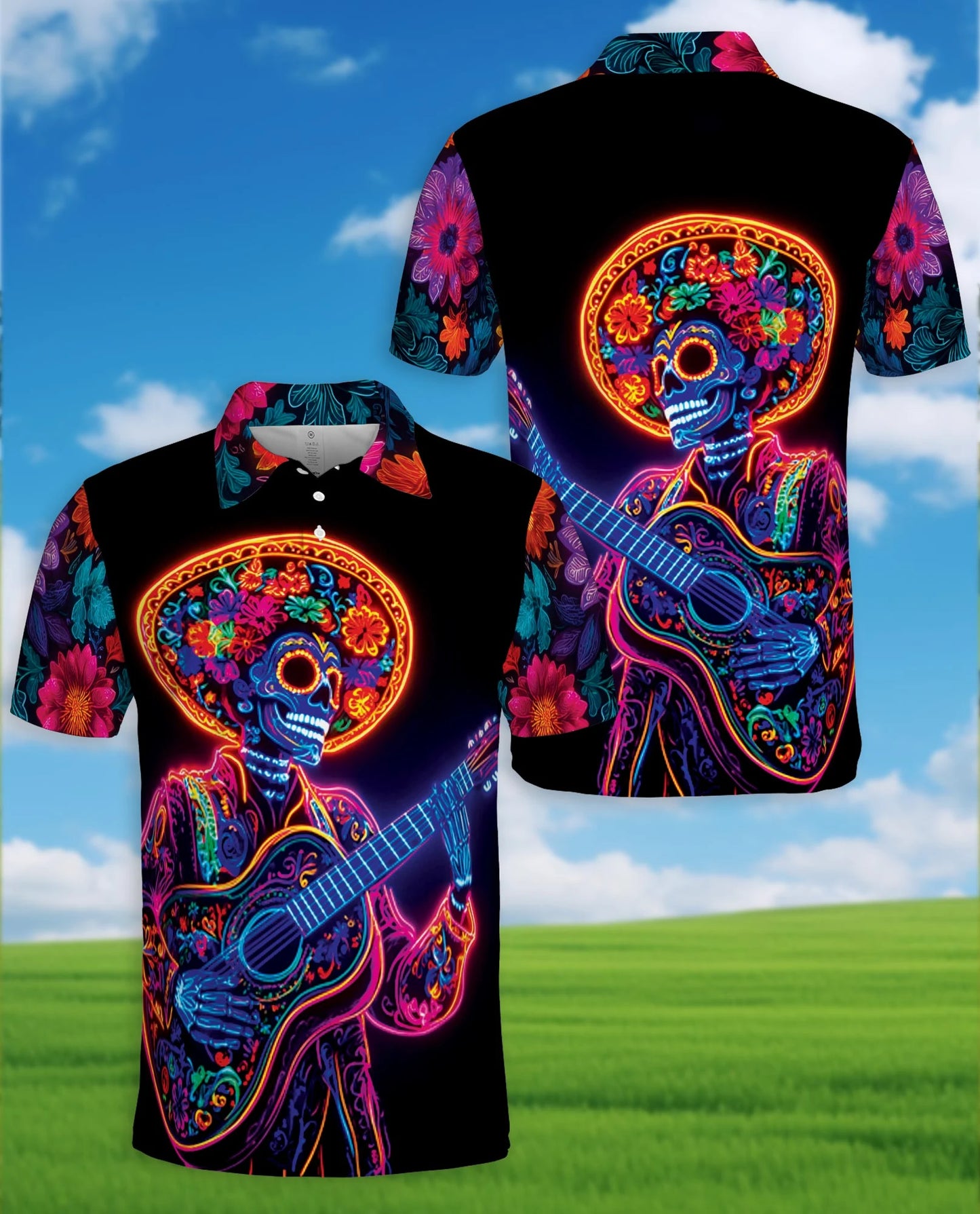 Day of the Dead Skeleton Guitar Polo Shirt for Men – Rock Skull Style | Netecom