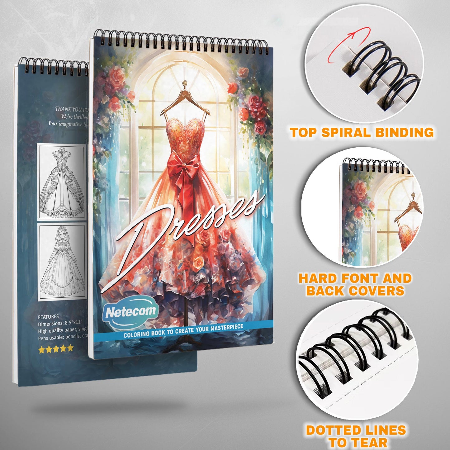 Dresses Spiral Bound Coloring Book, Elegant Dresses for Fashionable Artistic Expression, Perfect for Style Enthusiasts and Creative Minds