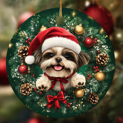 Netecom Cute Shih Tzu Christmas Ornament, Dog Santa Hat Ceramic Ornament for Xmas Tree Hanging Decorations Gift, Puppy Lover Gifts, Home Decor, Holiday Party Present