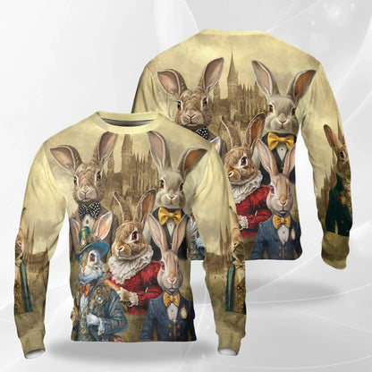 Vintage Rabbit Art Sweatshirt, 3D All Over Print Retro Bunny Crewneck Pullover for Men Women, Rabbit Lover Gift - Netecom