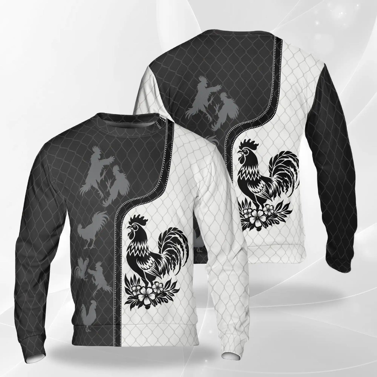Monochrome Rooster Pattern Sweatshirt, 3D All Over Print Farm Bird Crewneck Pullover for Men Women, Rooster Lover Gift - Netecom