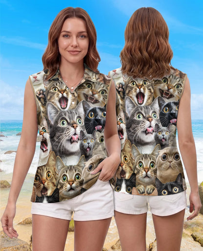 Funny Cat Pattern Sleeveless Polo Shirt for Women | Netecom