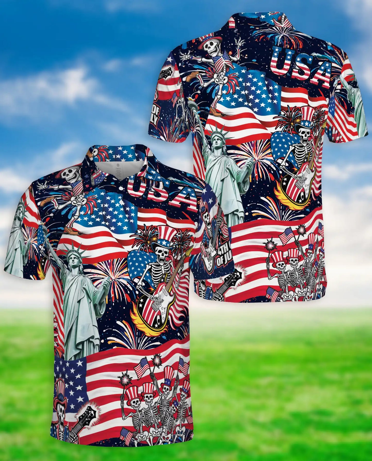 USA Skeleton Rock Band Patriotic 4th Of July Polo Shirt | Netecom