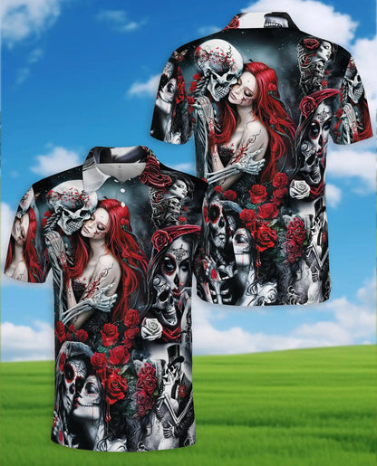 Day of the Dead Sugar Skull Polo Shirt for Men – Gothic Skeleton Roses | Netecom