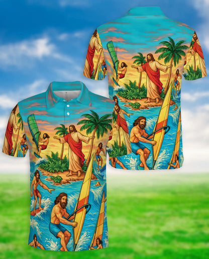 Jesus Surfing Tropical Beach 3D Polo Shirt for Men – Christian Summer Island Style | Netecom