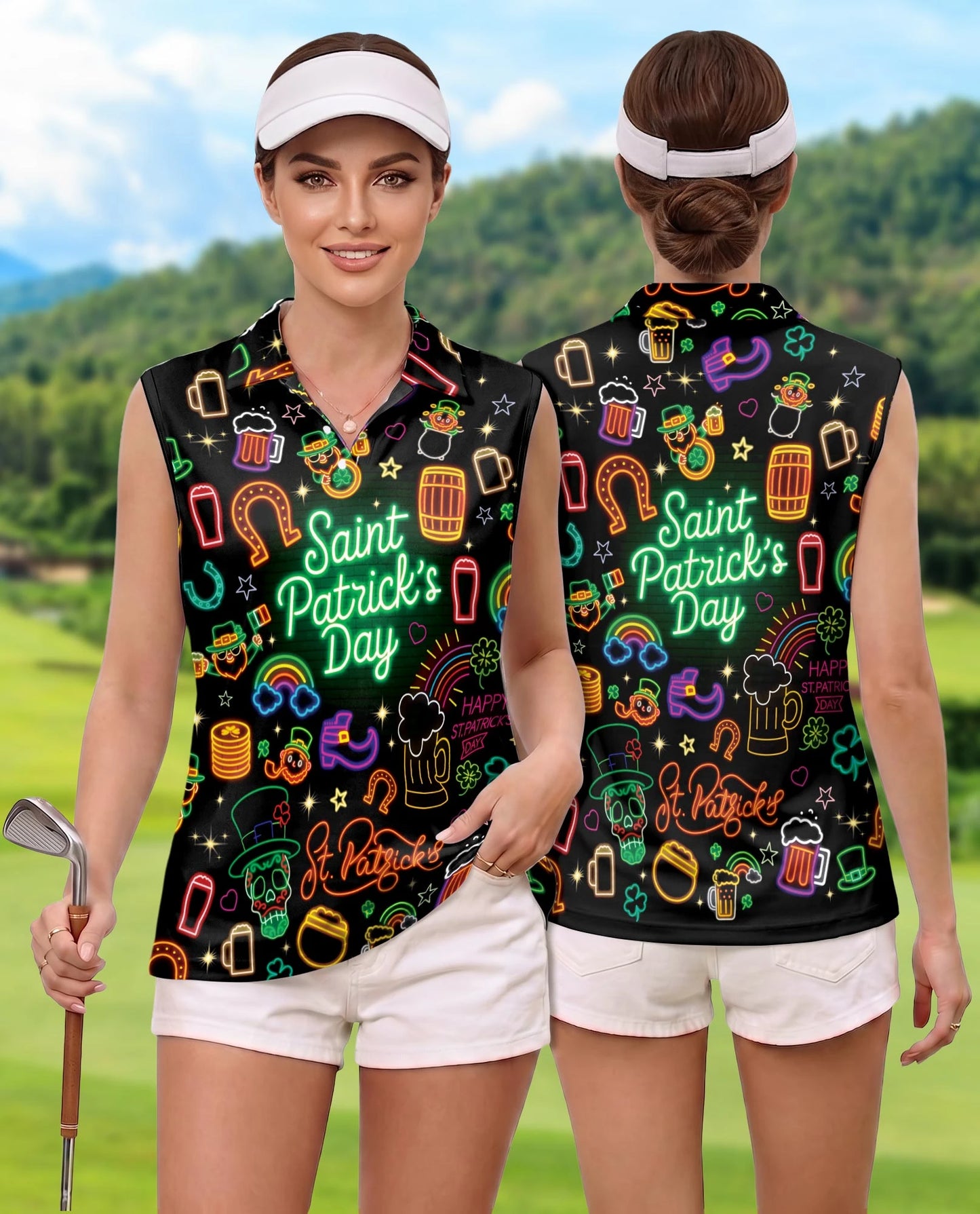 Saint Patrick's Day Neon Sleeveless Polo Shirt for Women | Netecom