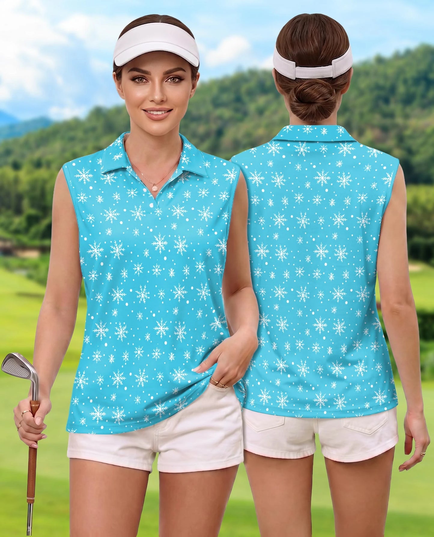 Snowflake Print Sleeveless Polo Shirt for Women | Netecom
