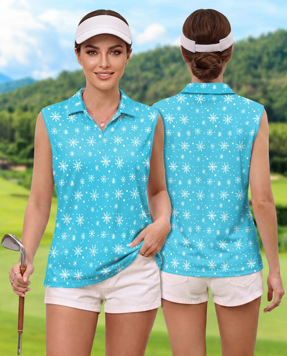 Snowflake Print Sleeveless Polo Shirt for Women | Netecom