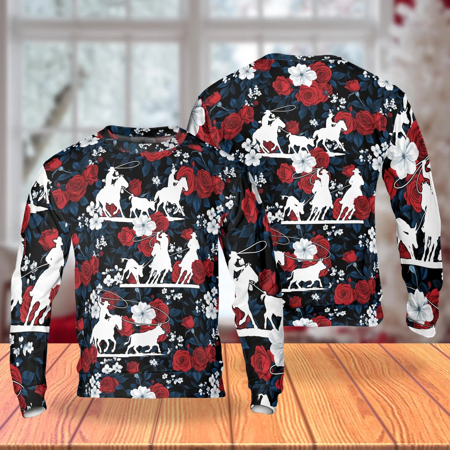 Horse Racing Flowers Rose Red Sweatshirt, 3D All Over Print Equestrian Floral Crewneck Pullover for Men Women, Horse Racing Lover Gift - Netecom