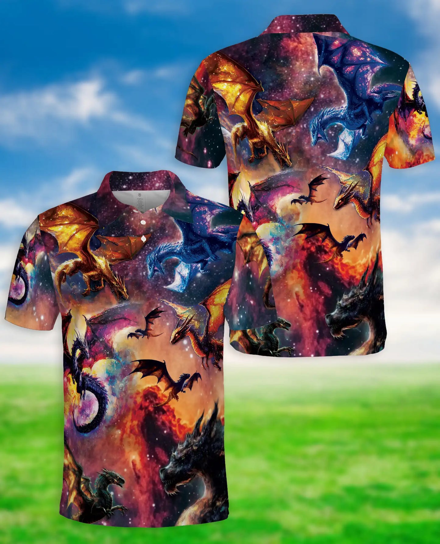 Cosmic Fantasy Dragon 3D Polo Shirt for Men – Galaxy Mythical Creature Style | Netecom