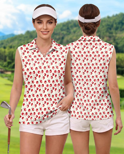 Cherry Pattern Sleeveless Polo Shirt for Women | Netecom