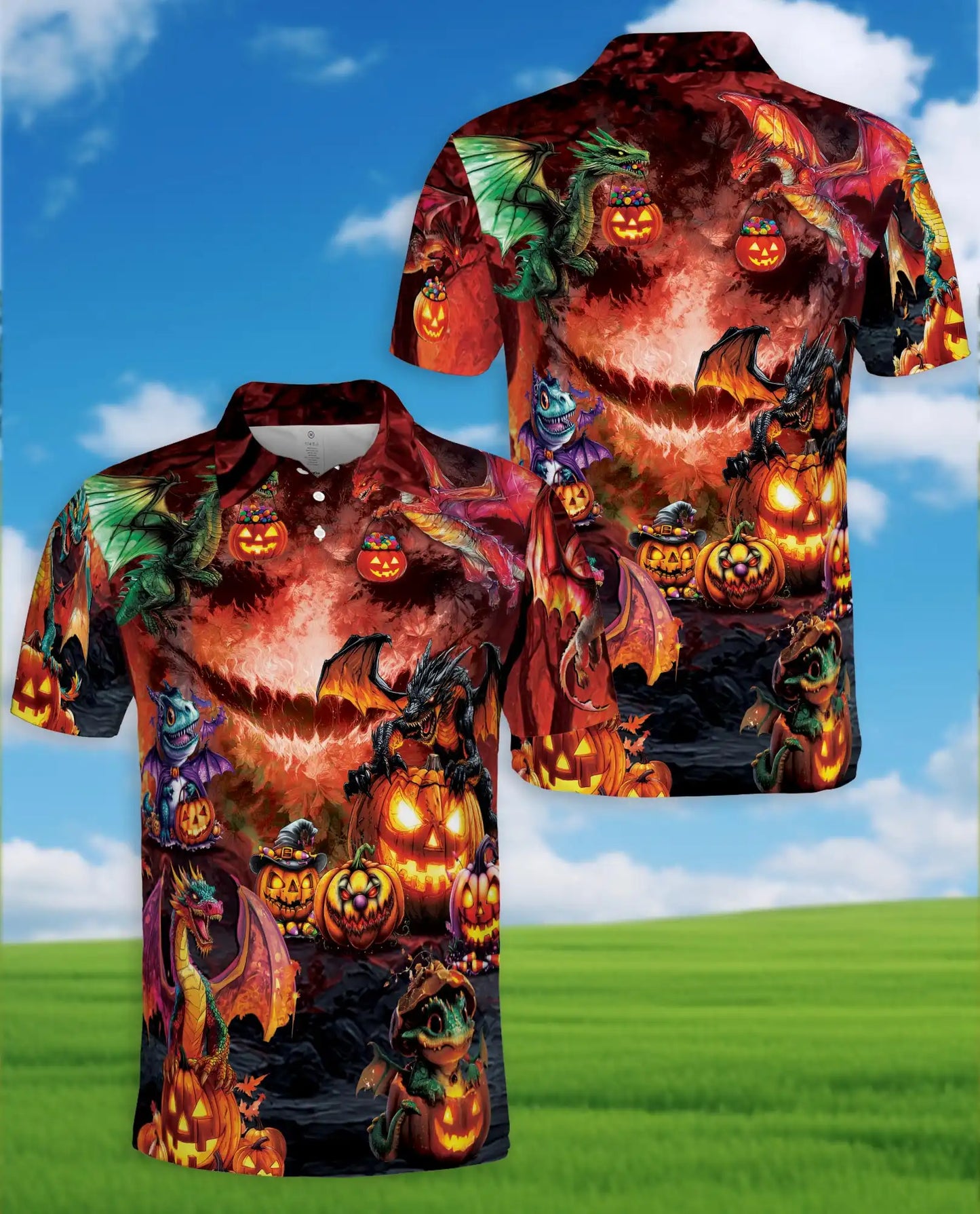 Halloween Dragon Polo Shirt for Men – Spooky Pumpkin Fire Style | Netecom