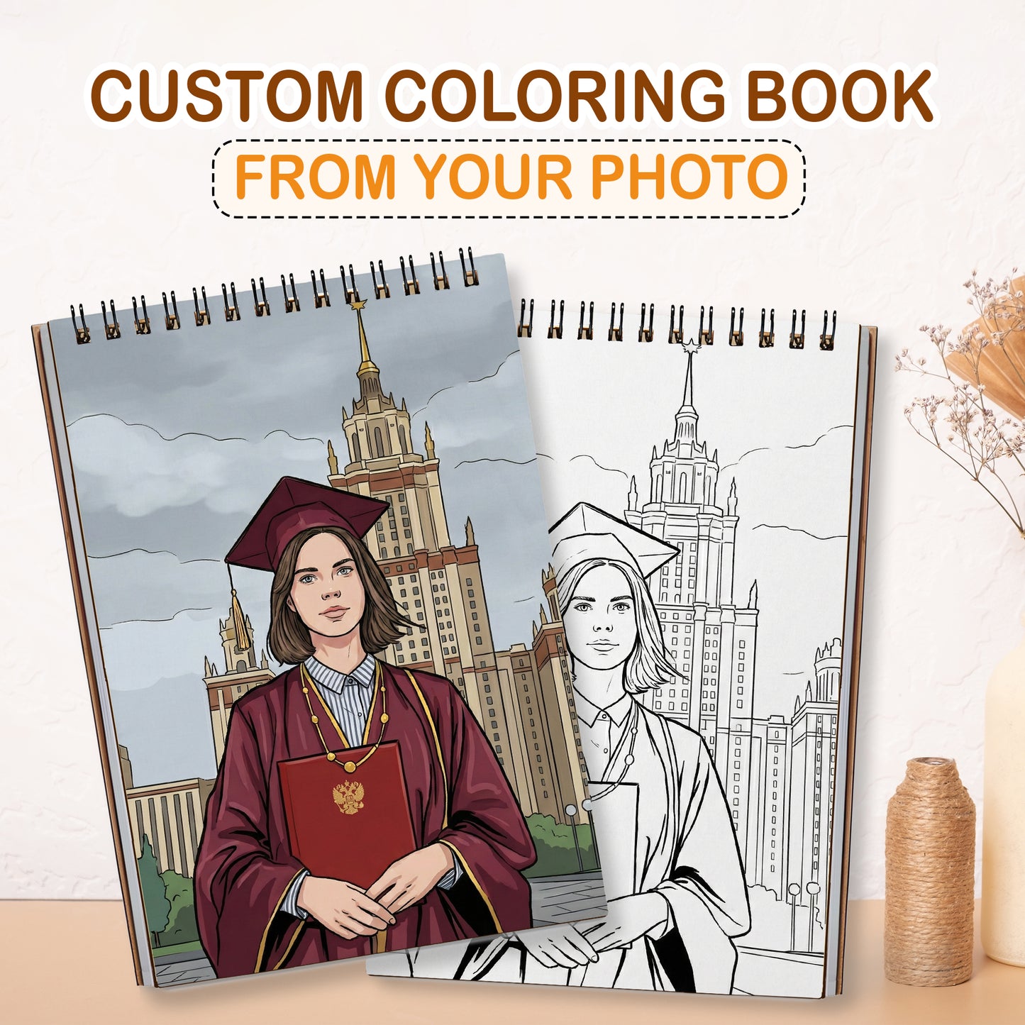 Personalized Graduation Coloring Book for Adults, Custom Coloring Pages from Your Graduation Photos, 12–48 Pages, Class of 2026 Gifts, Premium Wooden Cover, Spiral Binding