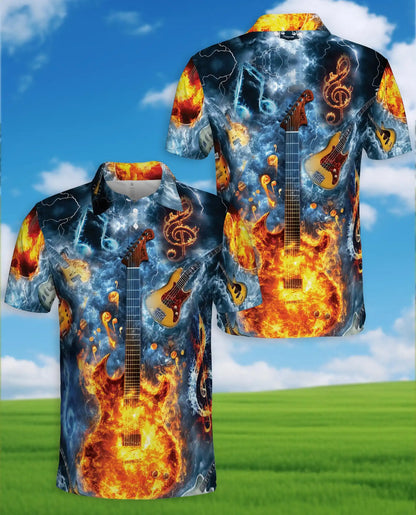 Flaming Electric Guitar Polo Shirt for Men - Rock Music Fire Guitar | Netecom